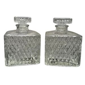 Vintage Decanter Set of 2 Clear JAPAN Diamond Marquise Stopper Pair 60s MCM Bar